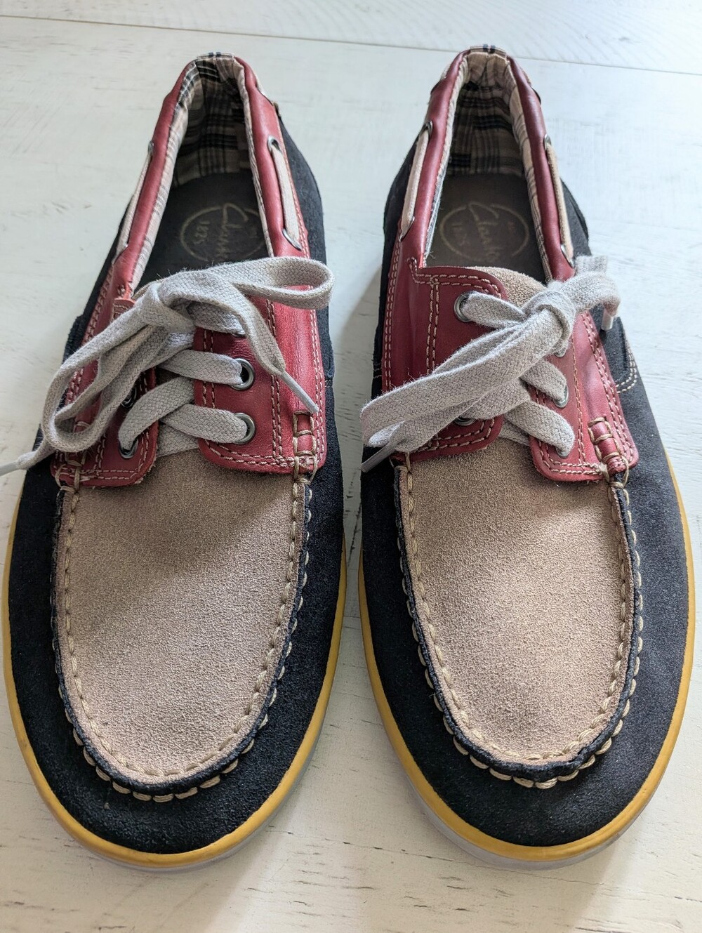 Clarks Men's Colorblock Suede Boat Shoe Size 10 Red Blue Tan